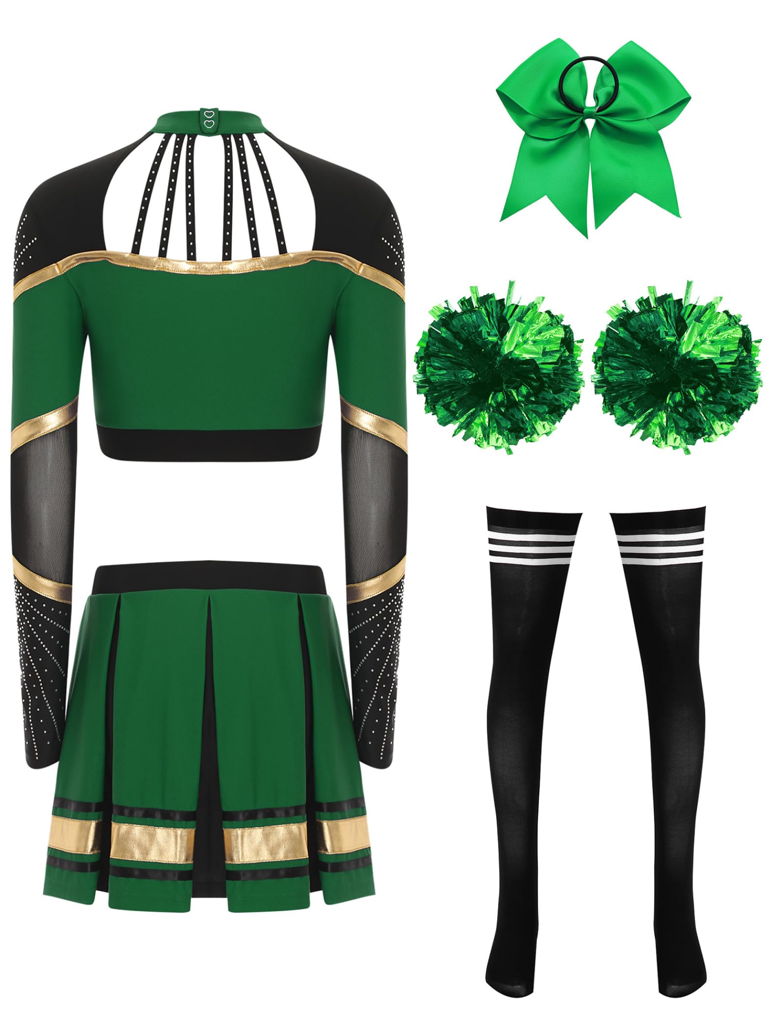 Damen Cheer Leader Kostüm Cheerleading Uniform 5tlg.Langarm Crop Tops mit Rock Pompoms Socken Haarband Tanzkleid Karneval Fasching Partykleid