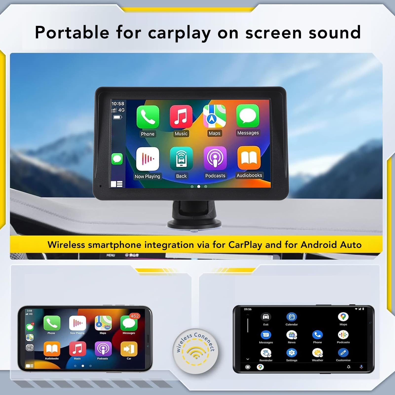 Przenośne Samochodowe Stereo, 7-calowy Bezprzewodowy Ekran Dotykowy HD CarPlay Android Auto Dwudinowe Radio Samochodowe z BT5.0, kamerą Cofania, GPS, Mirror Link, Głosem, FM