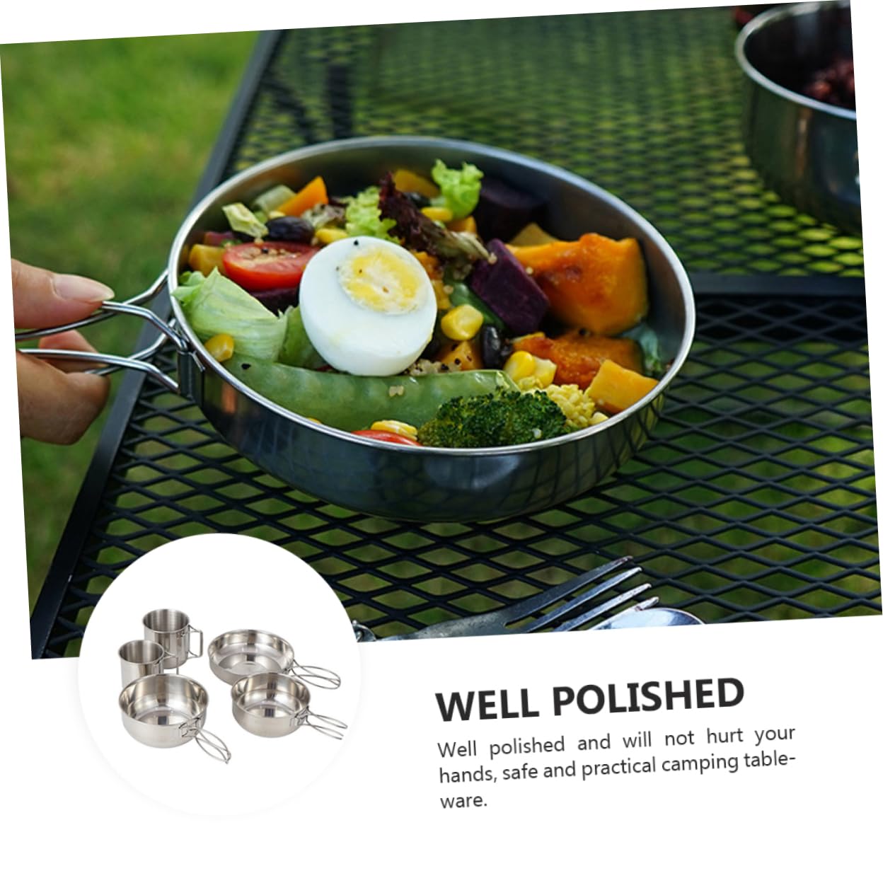 Set Posate da Campeggio in Acciaio Inox, 5 Pezzi Manico Pieghevole, Tazza e Ciotola, per Campeggio e Picnic,