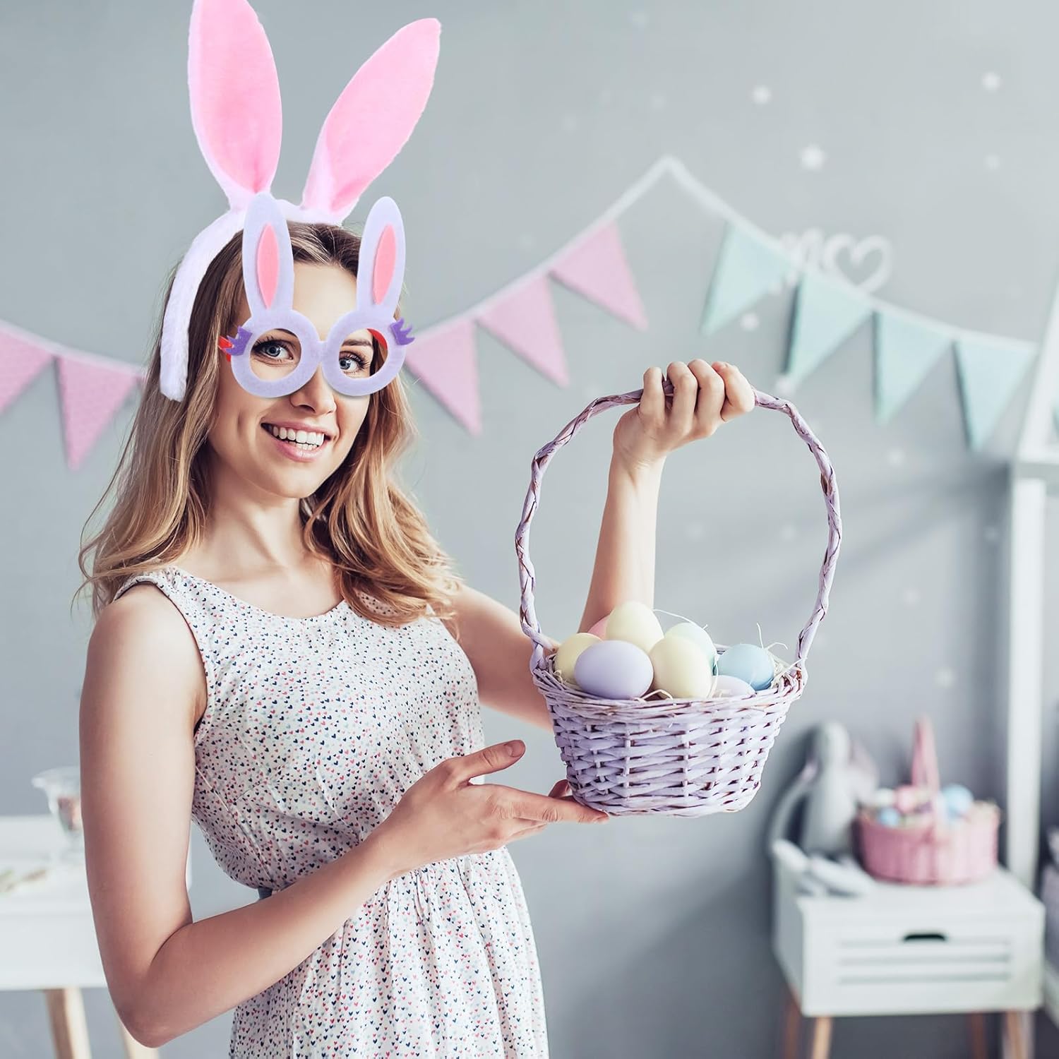 Lyrow 48 Pcs Easter Party Favors Include 24 Bunny Ears Headband Cute Plush Bunny Headband and 24 Easter Egg Eye Glasses Glasses for Costume Cosplay Decoration Photo Prop