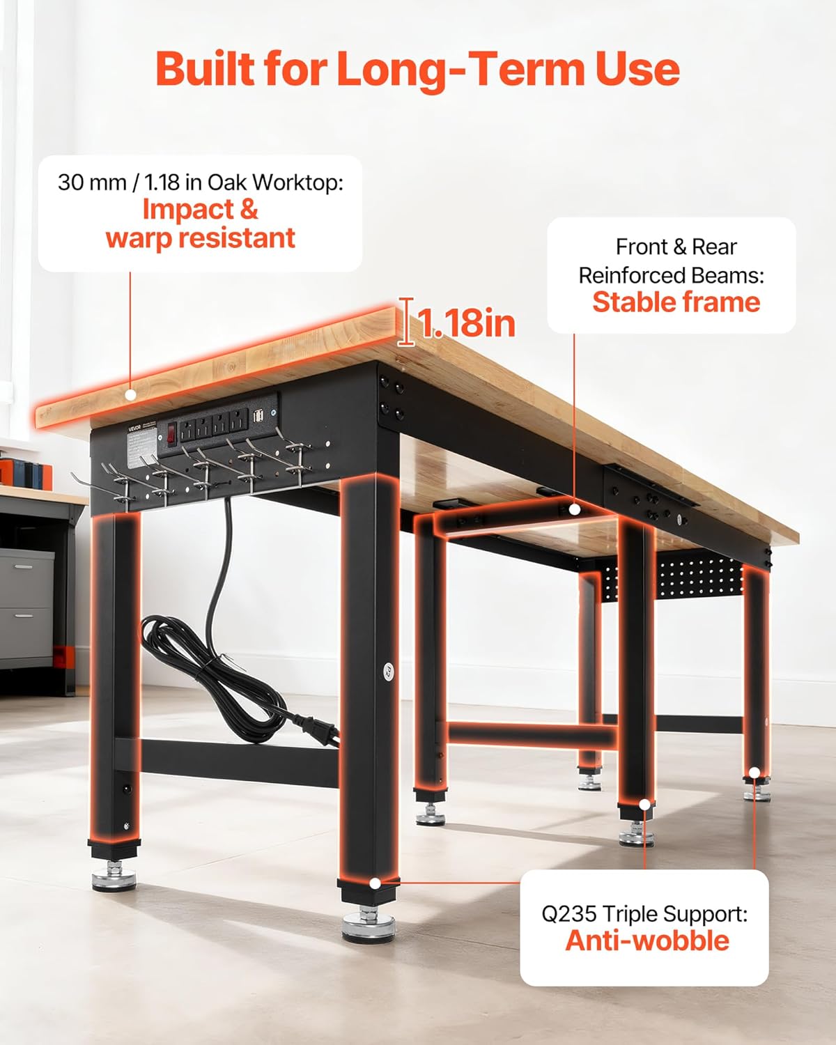 VEVOR Adjustable Workbench, 5000 lbs Capacity, 72 x 24 Inch Oak Wood Top Workstation with 4 AC Outlets & 2 USB Ports, Heavy-Duty Hardwood Worktable for Garage, Workshop, Home, Office, Commercial