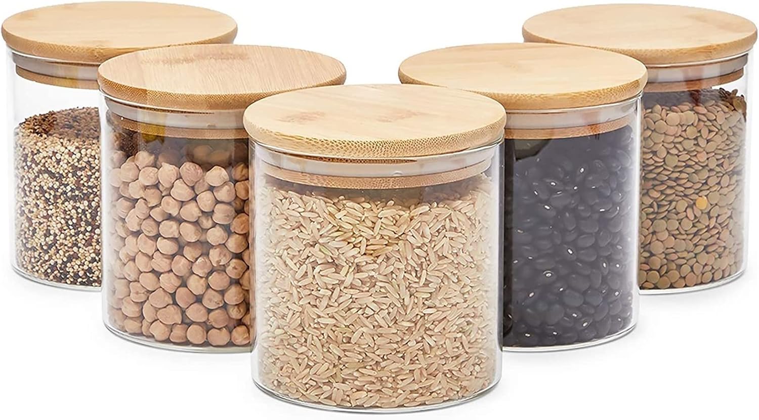 Clear Glass Canisters with Airtight Bamboo Lids, 5 Pack