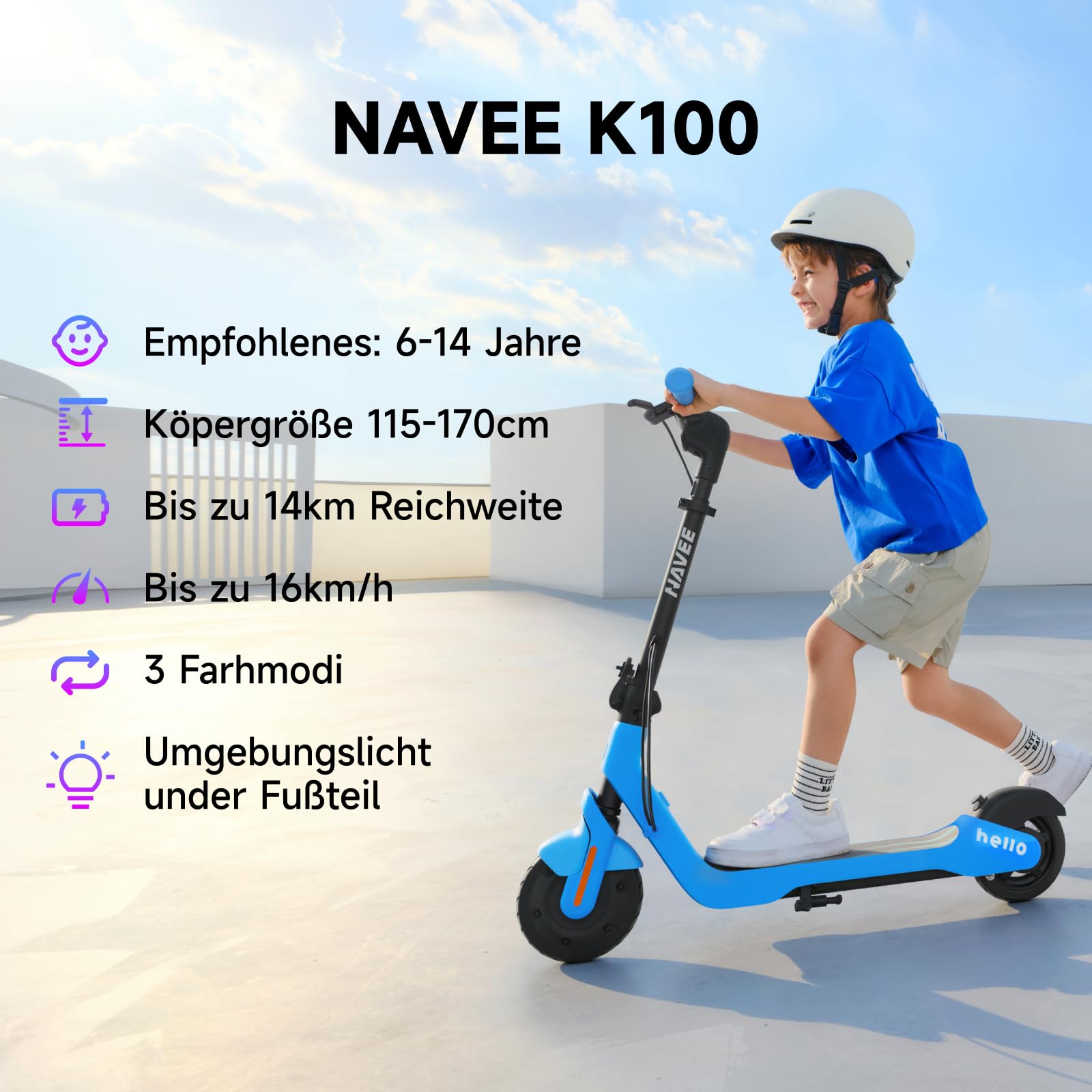 NAVEE K100 K100 Max E-Scooter Kinder ab 6 Jahre - 16 km Reichweite, 16 km/h, 50 kg Belastbar, IPX4 Wasserdicht, Bluetooth-Lautsprecher, RGB-Ambientelicht, faltbar & App-Geschwindigkeitskontrolle