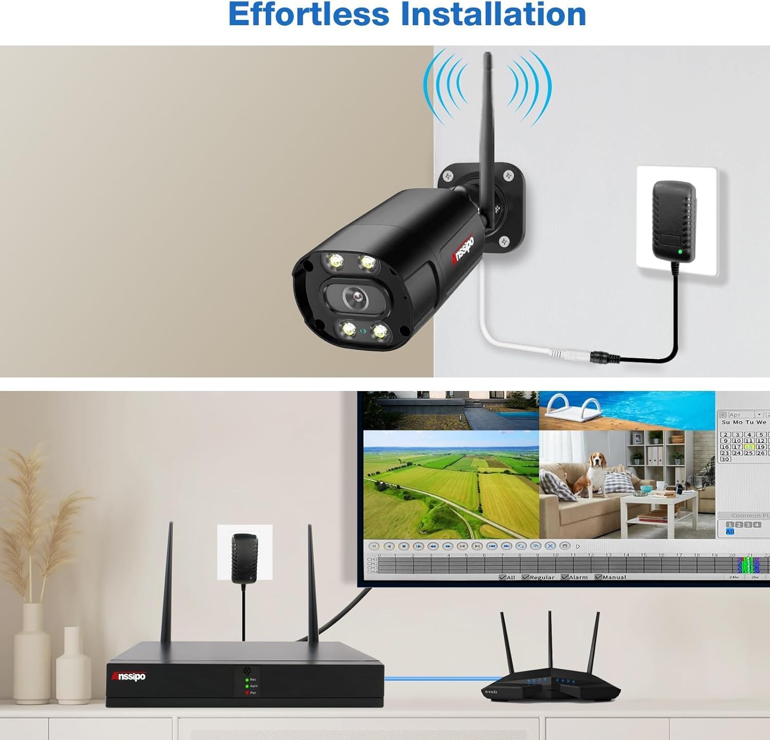 4K Home Security Camera System Wireless, Plug-in 5MP WiFi Security Cameras for 24/7 Recording, 8 Channel NVR with 1TB Hard Drive, 4 Camera Kit, 2 Way Audio, AI Detection, Spotlights Night Vision