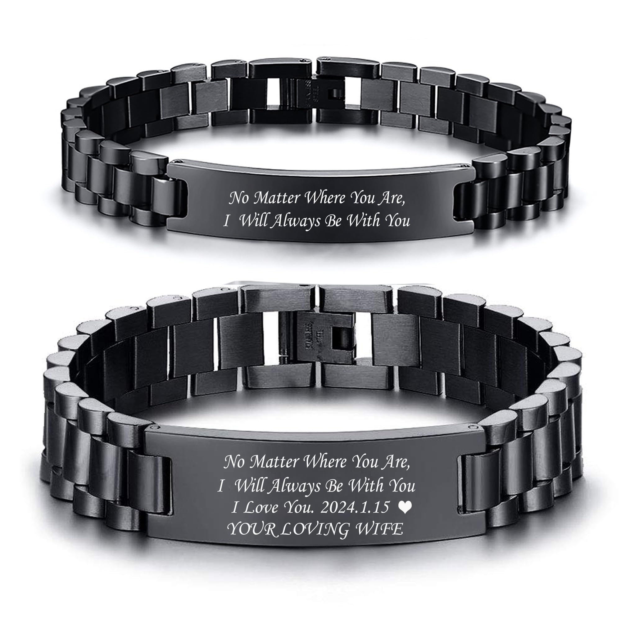 Paar Armband Schwarz Personalisiertes : Geschenk Armkette für Herren Damen Edelsathl 21.5cm Gravur Männer Frauen Glieder armbänder Junge Schmuck für Papa Sohn Geburtstagsgeschenk Vatertagsgeschenk