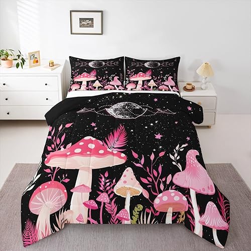 Miniatura 5 de Juego de edredón de hongos para niños, tamaño Queen, sol, luna, cielo estrellado, planeta, decoración de habitación de niños, niñas y adultos,