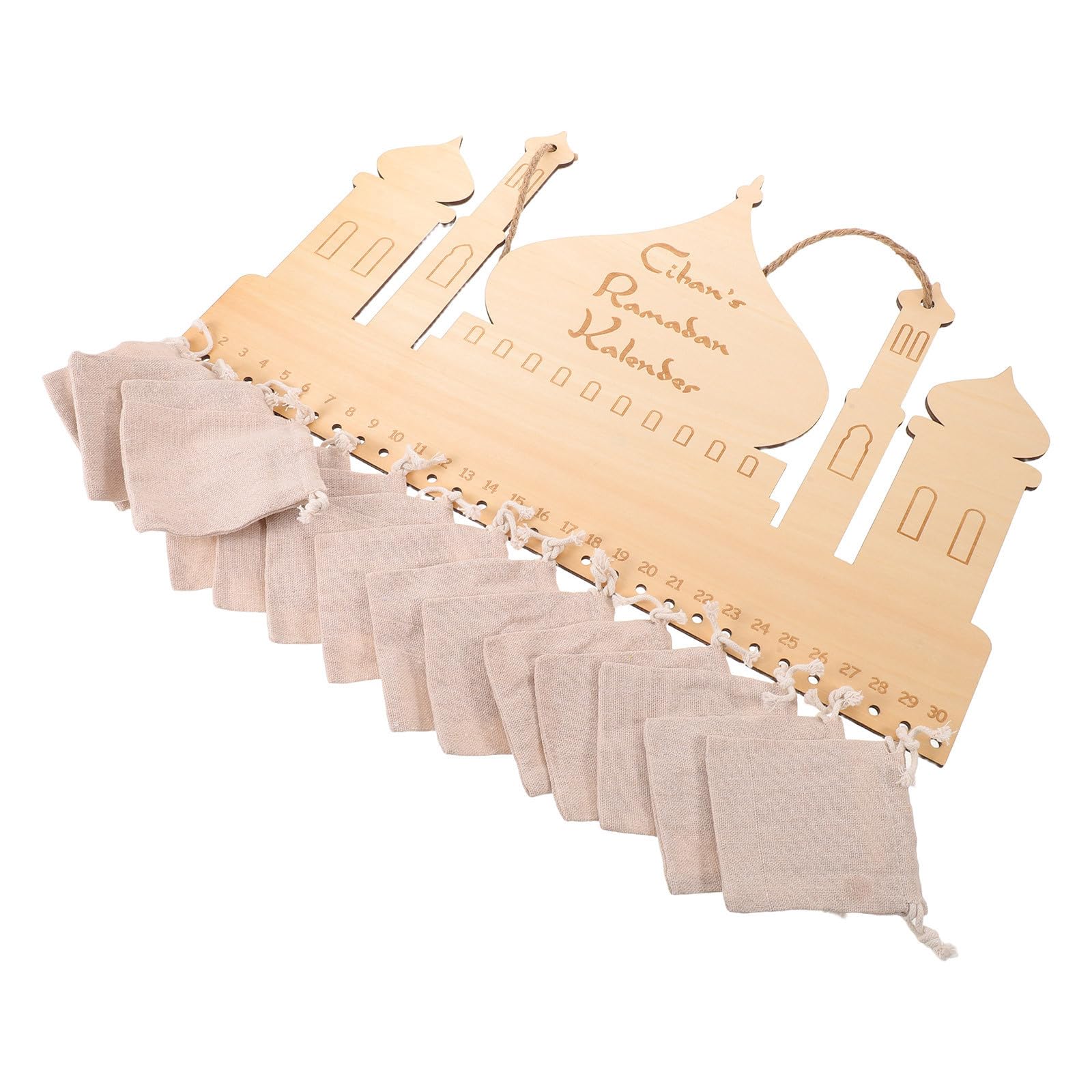 FRCOLOR Ramadan Kalender mit 30 Taschen aus Mdf und Baumwoll Leinen Interaktiver Eid Mubarak Countdown für Rustikale Wanddekoration im Exklusiven Orientalischen Schloss Design