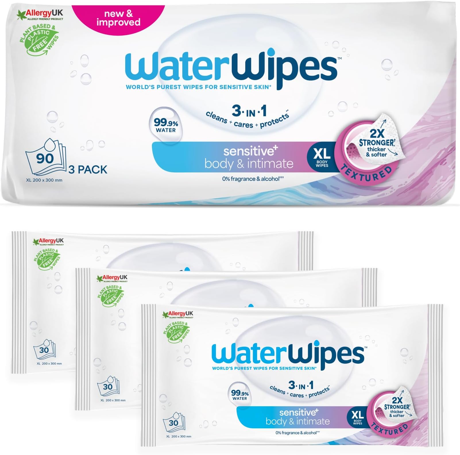 WaterWipes Sensitive+ Body & Intimate XL Wipes, 99.9% Water, Unscented