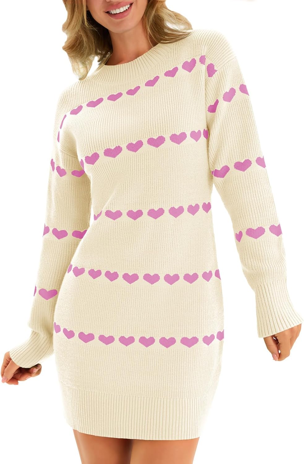Wenrine Womens Long Sleeve Sweater Dress Fall Knit Heart Crewneck Cute Valentines Bodycon Mini Dresses