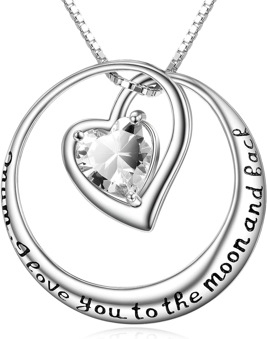 ELBONTEK Jewellery Gift for Mum,Sterling Silver Mum,I Love You to The Moon and Back Round Heart Pendant Women Necklace for Mum 18''/20'' Chain