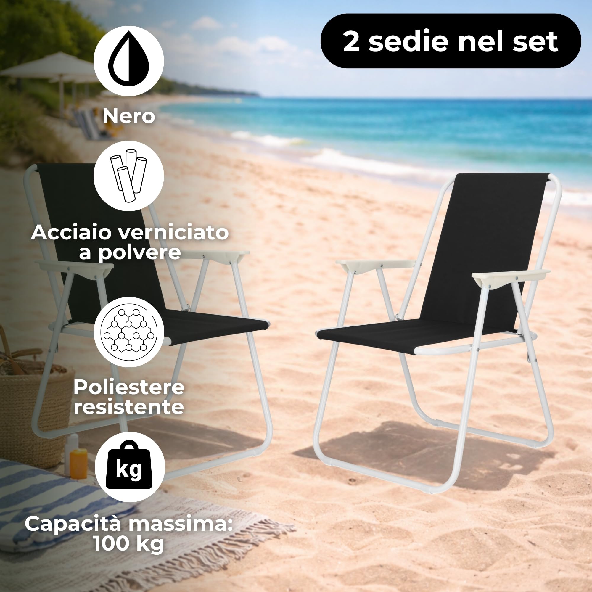 SPRINGOS Sedie pieghevoli con braccioli 58,5 x 52 x 73 cm, 2 pezzi