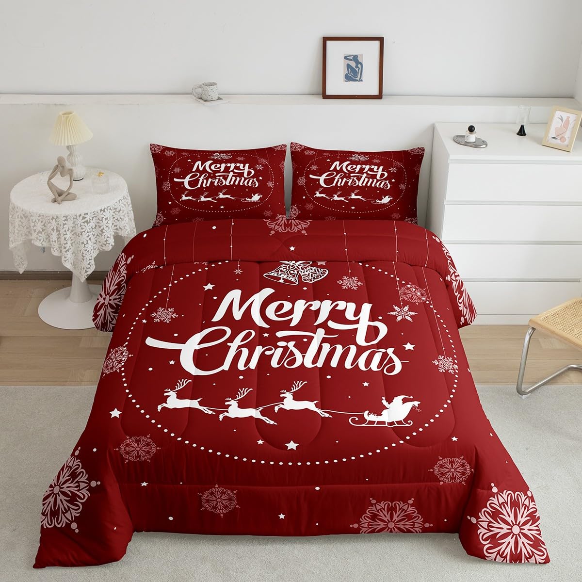 Homemissing Merry Christmas Down Comforter Double Christmas Deer Comforter Set for Boys Girls Children Snowflake Bedding Set Room Decor Xmas Theme Duvet Insert/Quilt Set 3Pcs