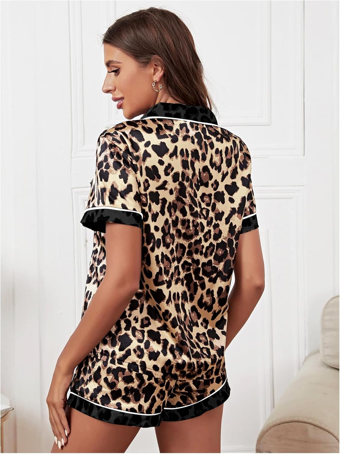 WDIRARA Women's Sleepwear Leopard Print Satin Shirt and Shorts Pajama Set - Image 2