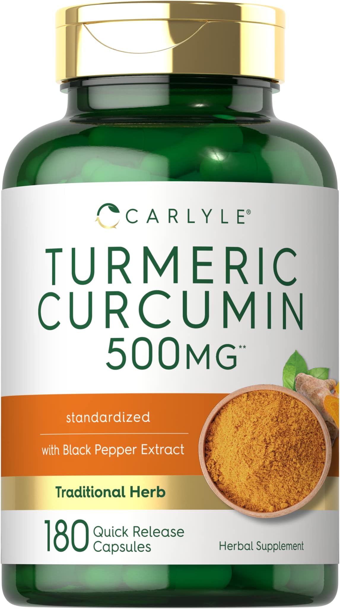 Carlyle Turmeric Curcumin Supplement | 180 Capsules | with Black Pepper Extract | Non-GMO & Gluten Free