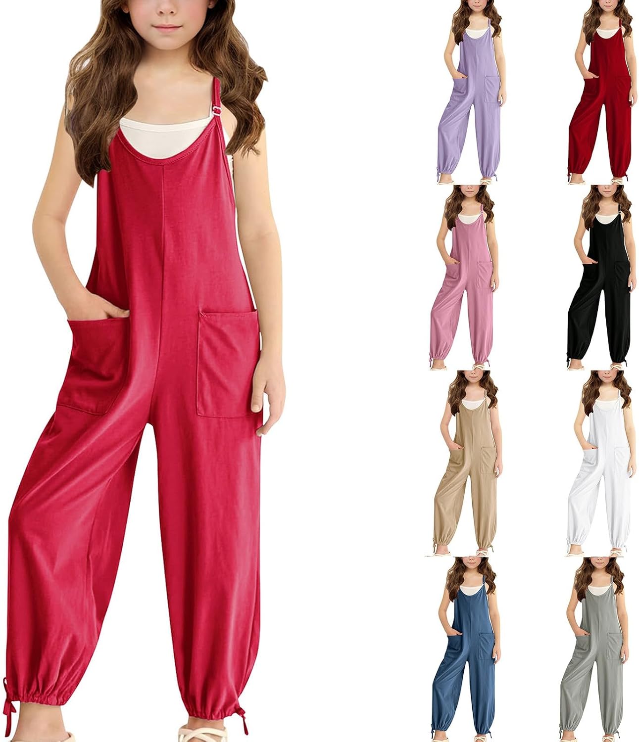 Girls Overalls Casual Baggy Sleeveless Harem Jumpsuit Spaghetti Strap Light Breathable Straight Solid Romper with