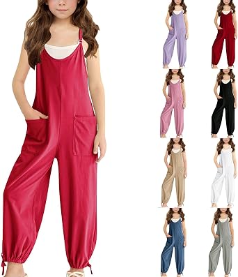 Betadog Girls Sleeveless Jumpsuits Spaghetti Strap Romper Long Pants with Pockets Baby Girl Clothes