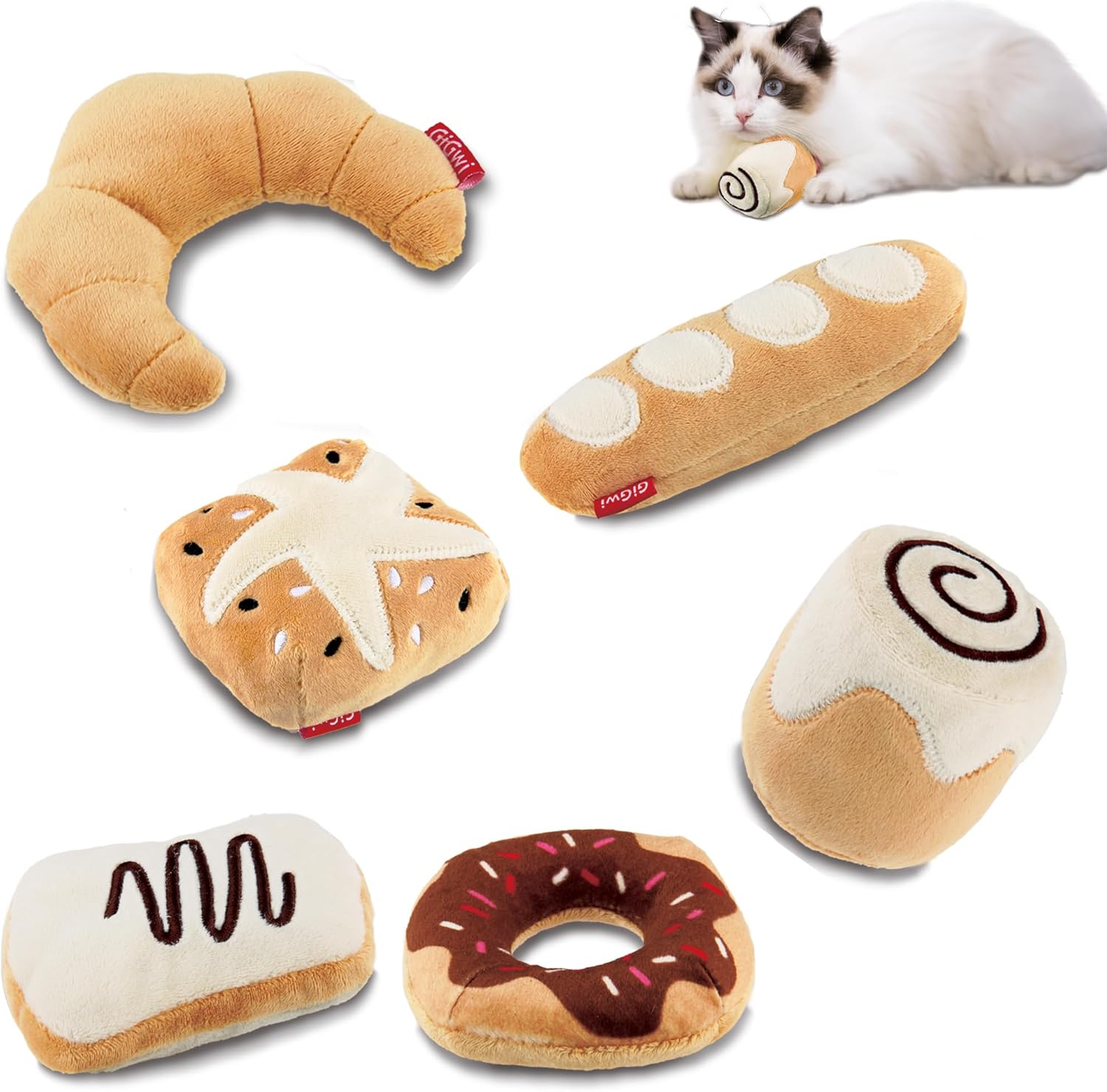 Gigwi Catnip Toys for Indoor Cats, Interactive Cat Toys for Kittens, Crinkle Pillow Cat Kicker Toys, Soft Teething Exercise Kitty Toy Bread Set of 6 Cats Chew Toy Plush