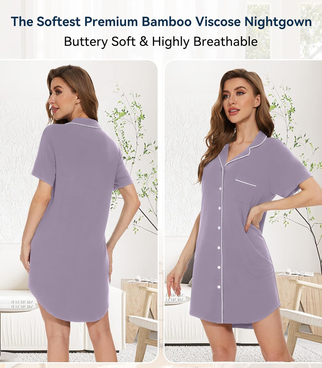 WiWi Nightgowns for Women- Viscose from Bamboo Short Sleeve Pajama Gowns Button Down Nightshirts S-XXL - Image 3