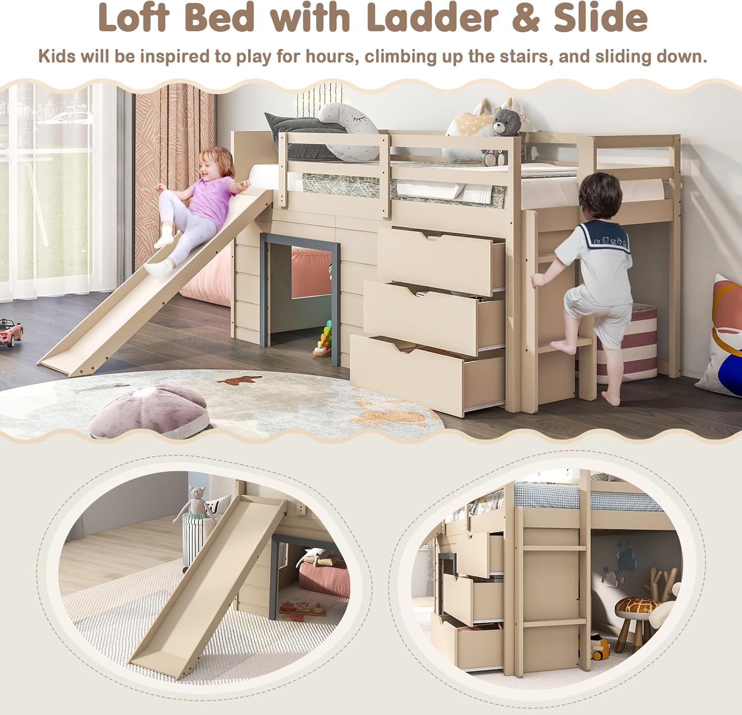 KOMFOTT Twin Low Loft Bed with 3 Storage Drawers & Underneath House, Wood Loft Bed with Slide, Ladder, Guardrails & Under-Bed Play Space, Kids Twin Loft Bed for Girls & Boys, No Box Spring Needed