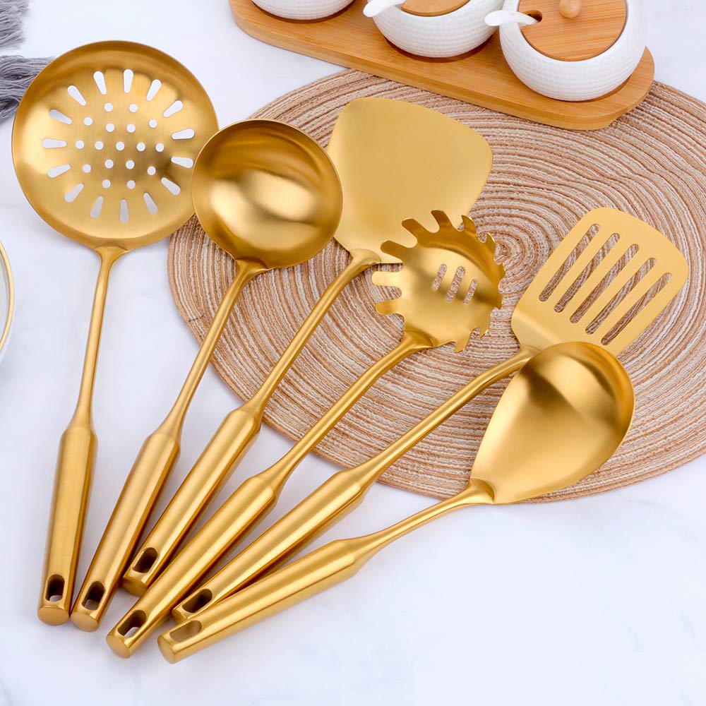 Ustensiles de cuisine 6 pièces acier inoxydable Écumoire Louche Spatule de Cuisine Tourneur à fente Riz Pasta Server avec support