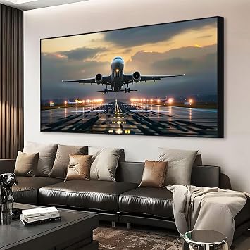 Airplane Canvas Wall Art, Taking Off, Aircraft, Aviation, Airport, Airplane Pictures, Home Office Decor, Pilot Gift Black Frame, 39"x19" | 100x50cm