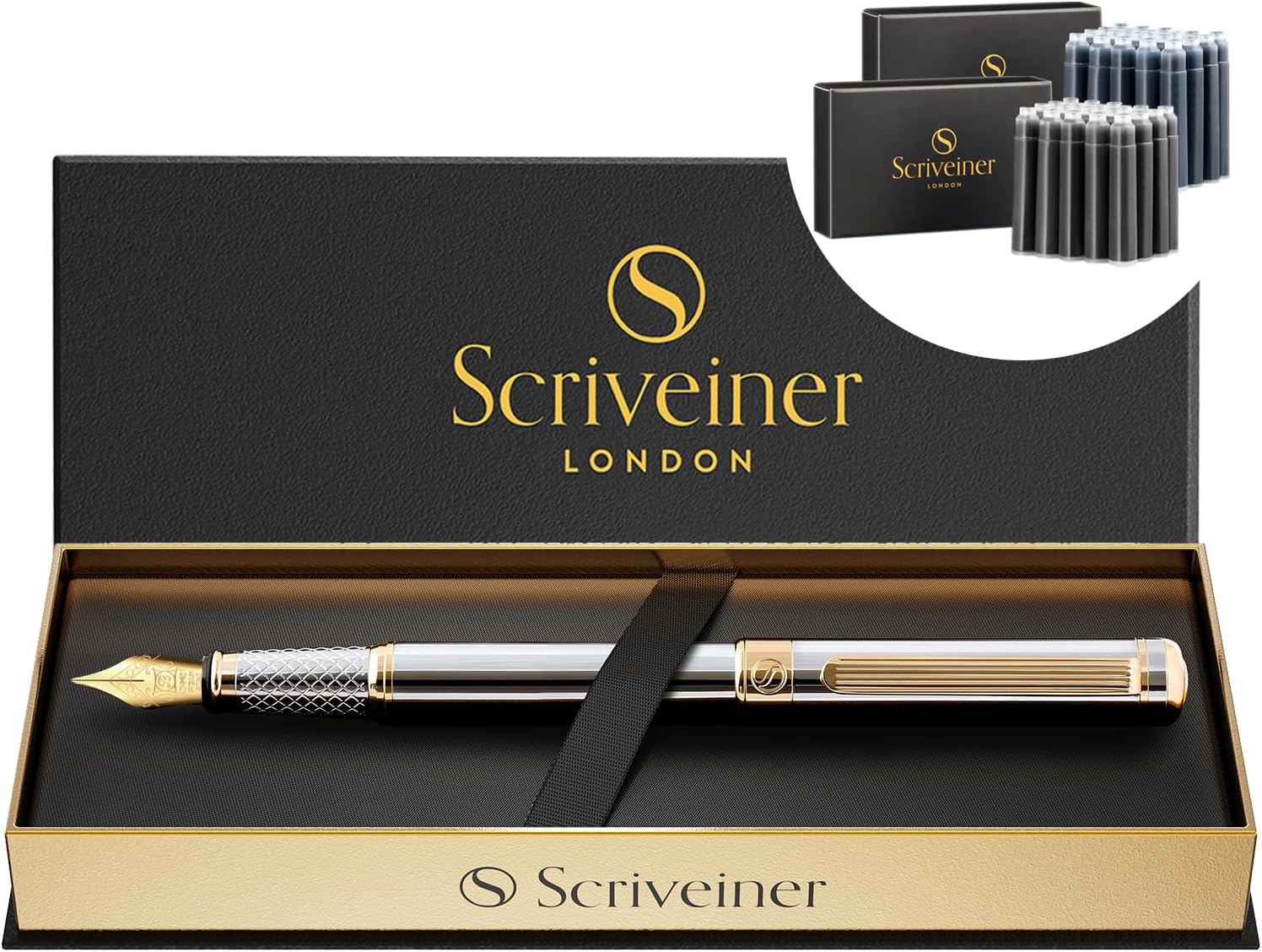 Scriveiner Silver Chrome Fountain Pen - Stunning Luxury Pen, Real Gold Plating, Schmidt Gilded Nib (Broad) Bundle with Fountain Pen Ink Cartridges - Black & Blue - 20 Standard International