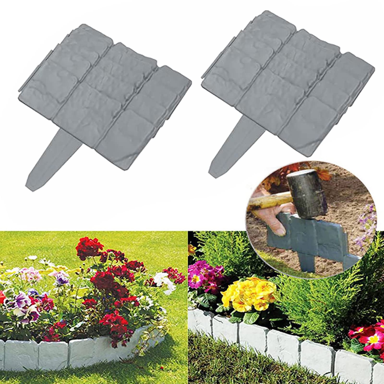 Garden Plastic Fence Edging, 20Pcs Grey Cobbled Stone Effect Fence Lawn Plant Border Decorative Flower Tree Grass Bed Border for Landscaping Garden