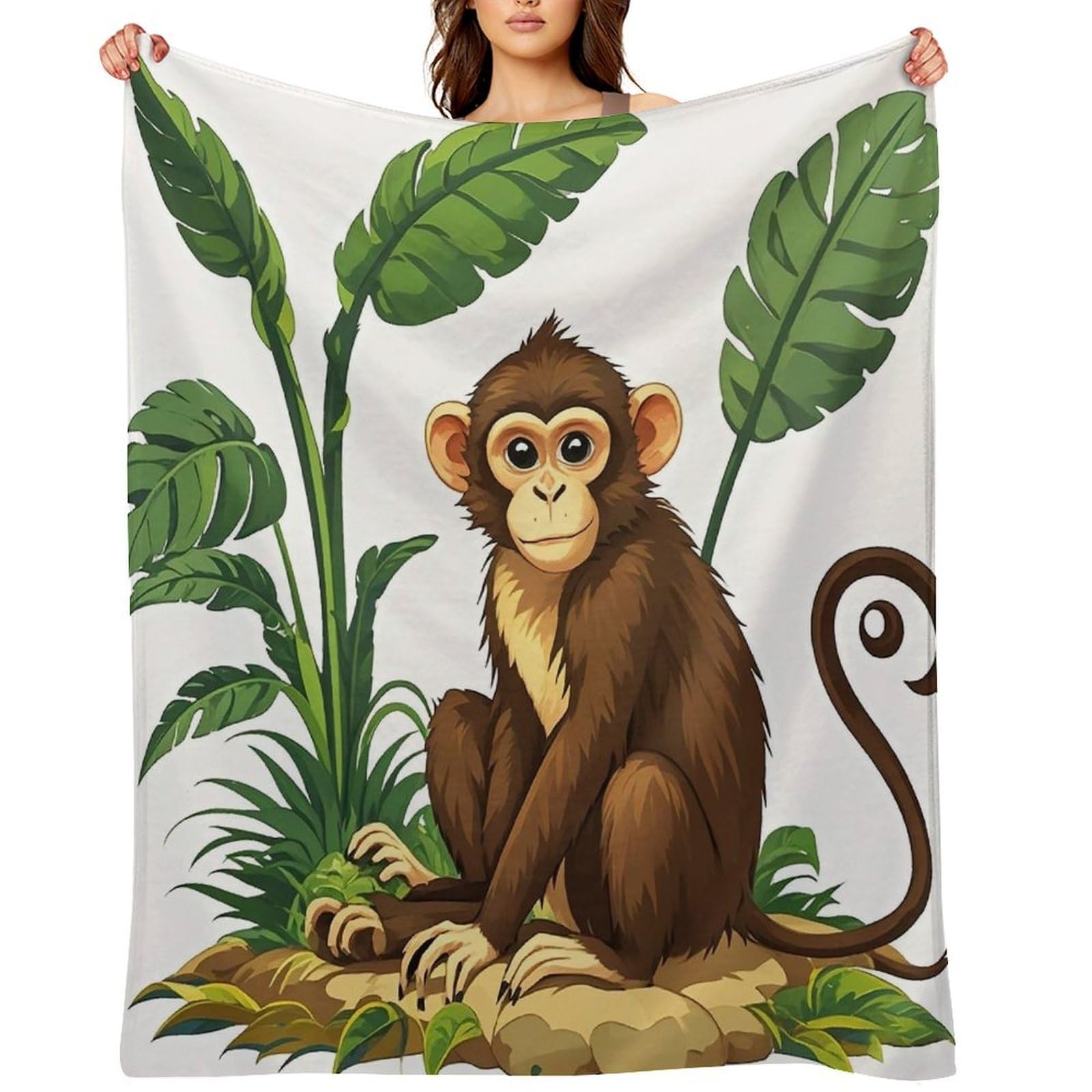 Monkey and Plant Throw Blanket for Couch and Bed Super Soft Warm Lightweight Throw Blankets Cozy Fuzzy Flannel Blanket Personalized Decorative Blankets for Sofa Decor 50"x60"