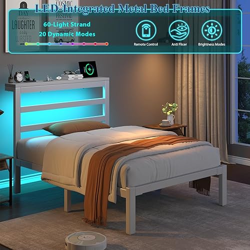 Miniatura 5 de Marco de cama tamaño Twin con cabecera de almacenamiento, cama plataforma industrial con estación de carga y luces LED, espacio de almacenamiento