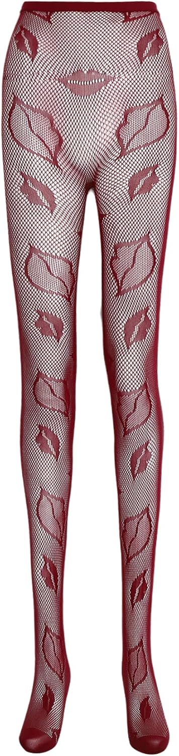 Lace Patterned Tights Lip Printed Small Hole Pattern Leggings Tights Net Pantyhose for Halloween