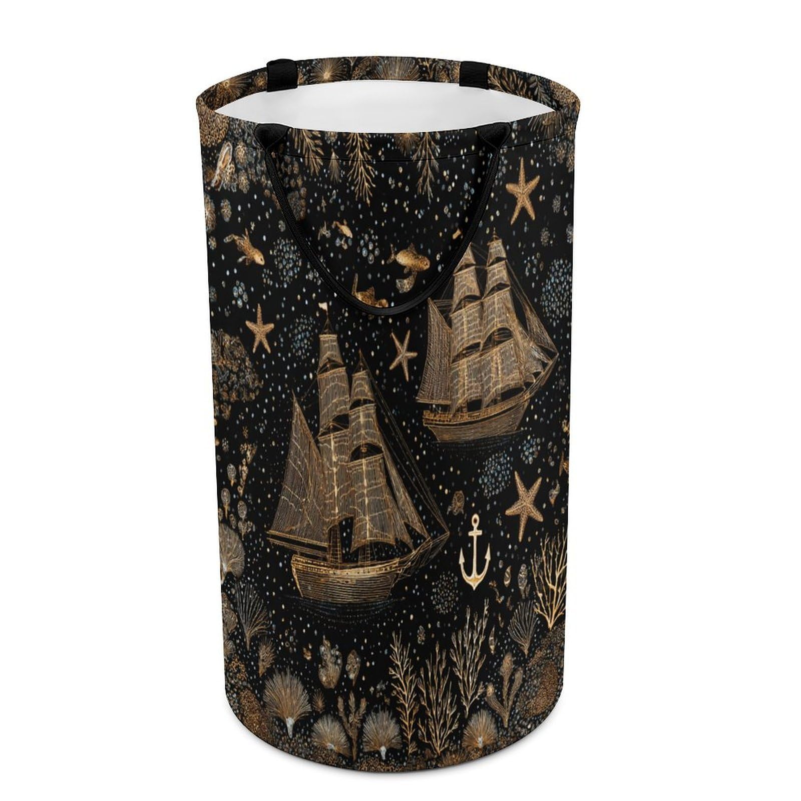 LUYYSKY Beautiful Black Gold Sea Collapsible Dirty Clothes Basket, Rustic Nautical Coastal Sailing Ship See Turtle Starfish Pattern Portable Clothes Storage Basket