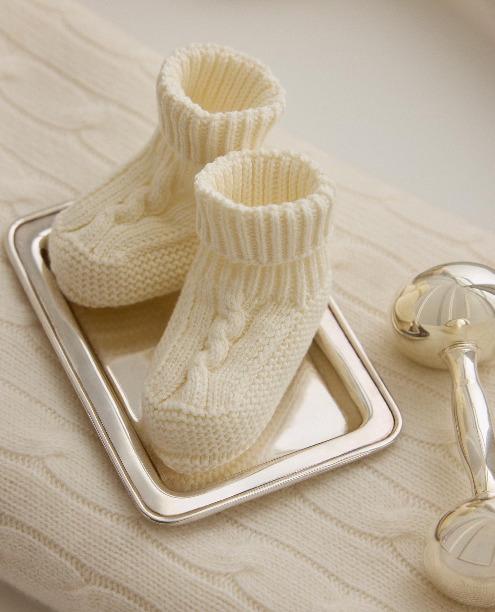 POLO RALPH LAUREN Boy's Baby's Bootie with Cable-1 Pair Pack-Soft Cotton Comfort, Ivory, 0-6 Months