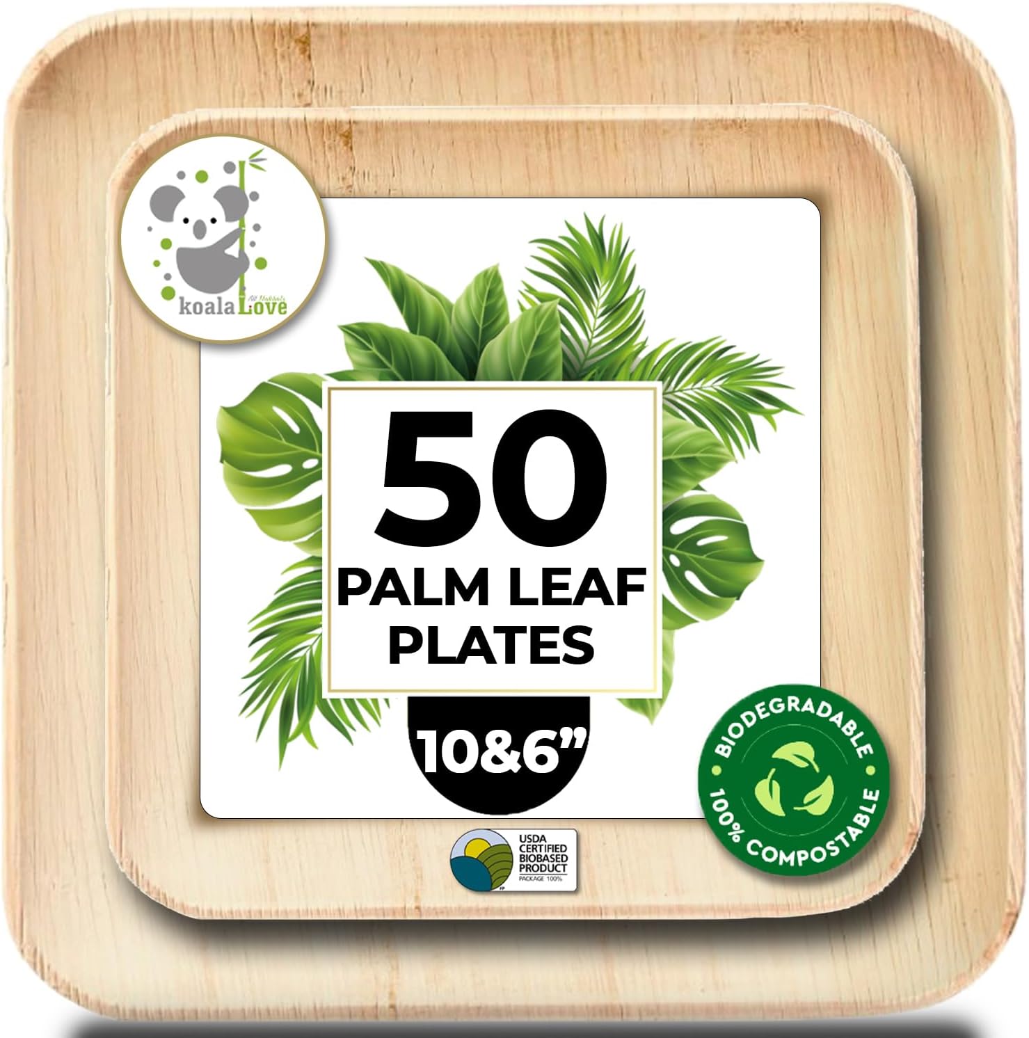 Palm Leaf Plates 10&6 Inch Bamboo Plate Disposable 50 Pack Bulk Eco-Friendly Biodegradable Compostable Plates Best Alternative To Wooden Plastic Paper Plate By KoalaLove