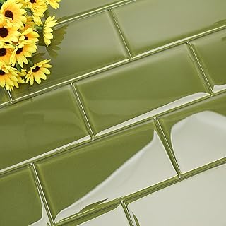 12 Olive Green Bathroom Ideas for Earthy Calm Natural Warmth 2 Diflart Olive Green Glass Subway Tile, 3x6 Inch, 4 Sq.Ft, Glass Backspla...