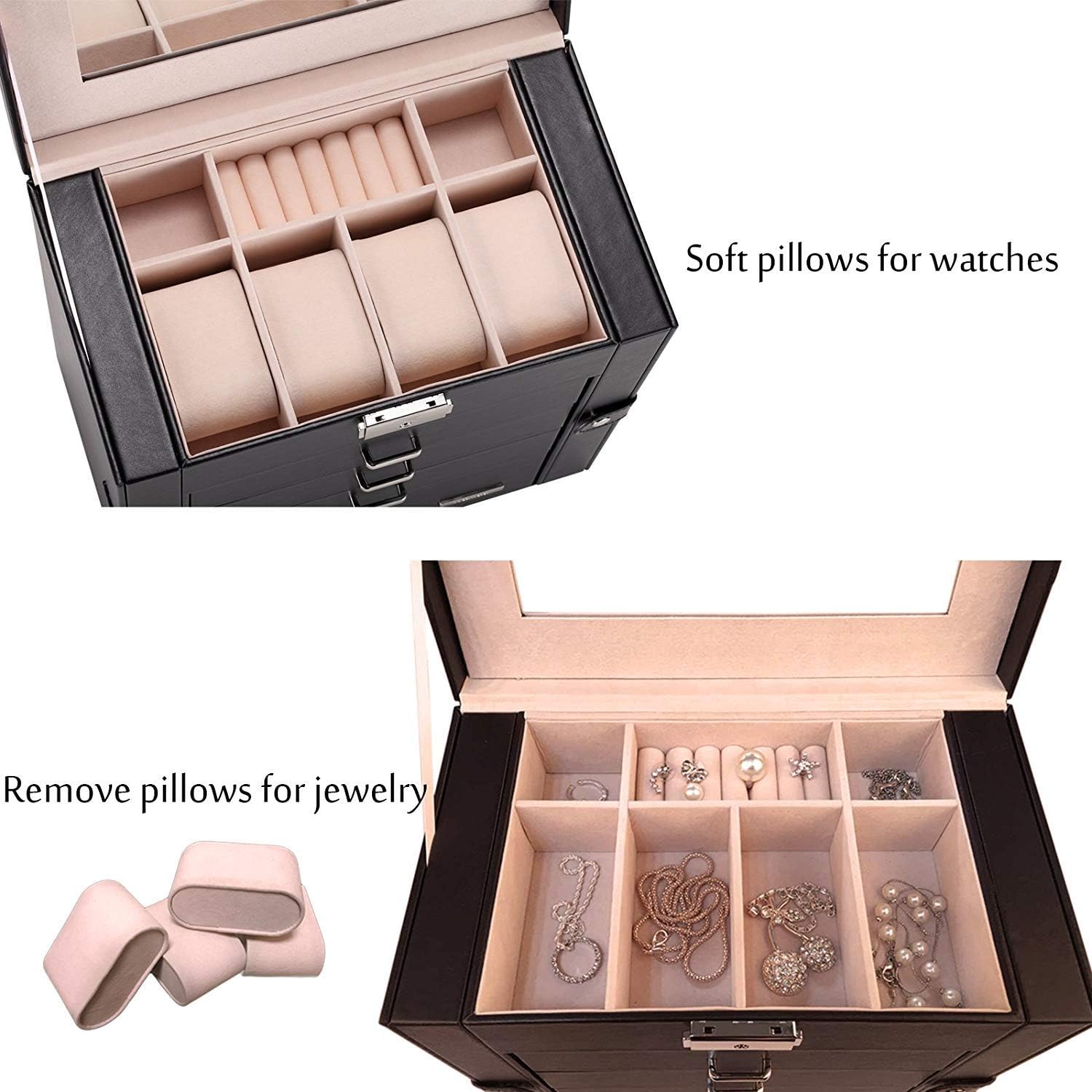 SSLine Deluxe Large Jewelry Box 5-Tier Leather Jewelry Storage Chest Portable Travel Case with Watch Sunglasses Earring Holder Organizer - Black : Clothing, Shoes & Jewelry