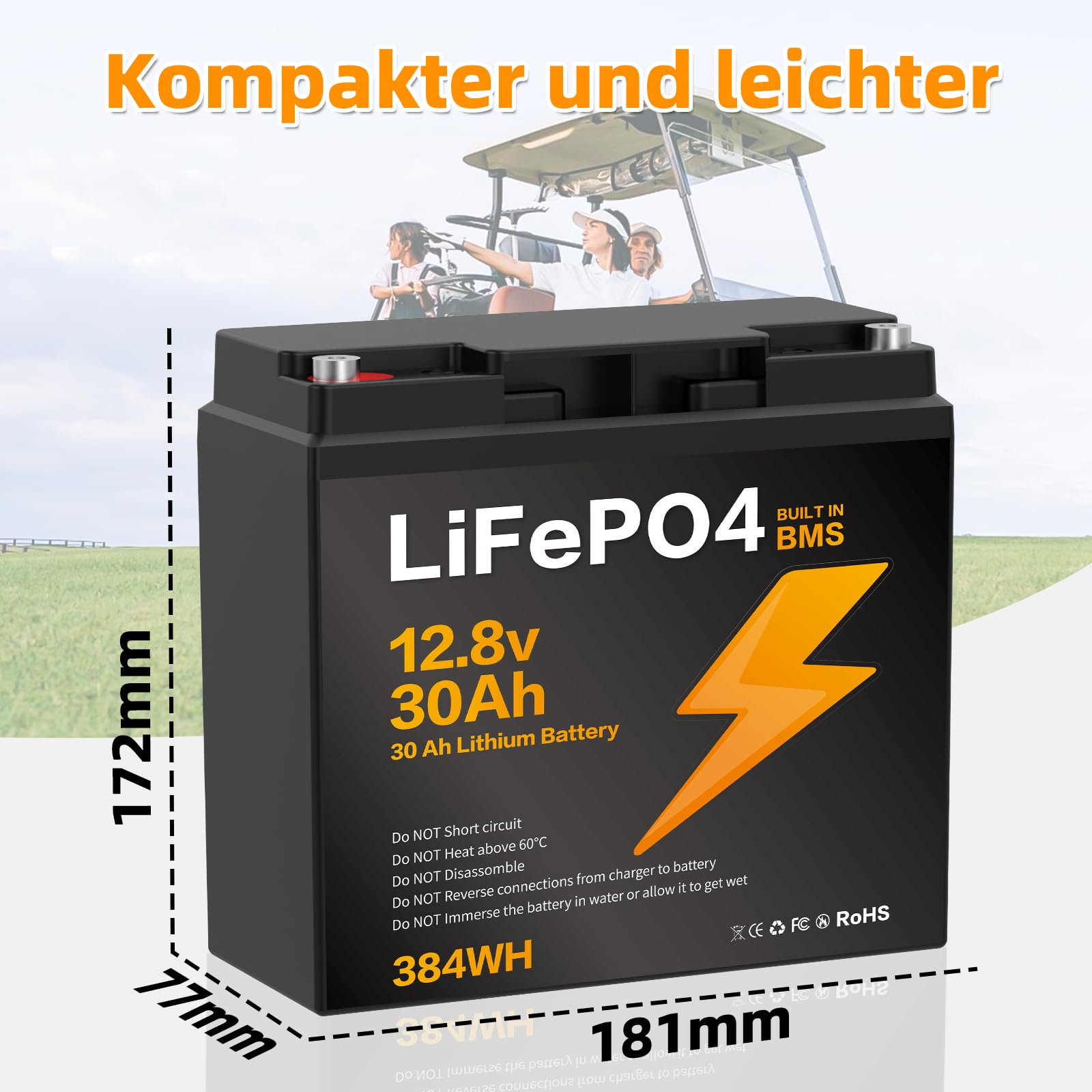 12V 30Ah Batteria LiFePO4, 15000 cicli di Scarica Profonda BMS 384Wh Adatta per moto Tosaerba Viaggi in Camper Barche Campeggio Ecoscandagli e Impianti Solari