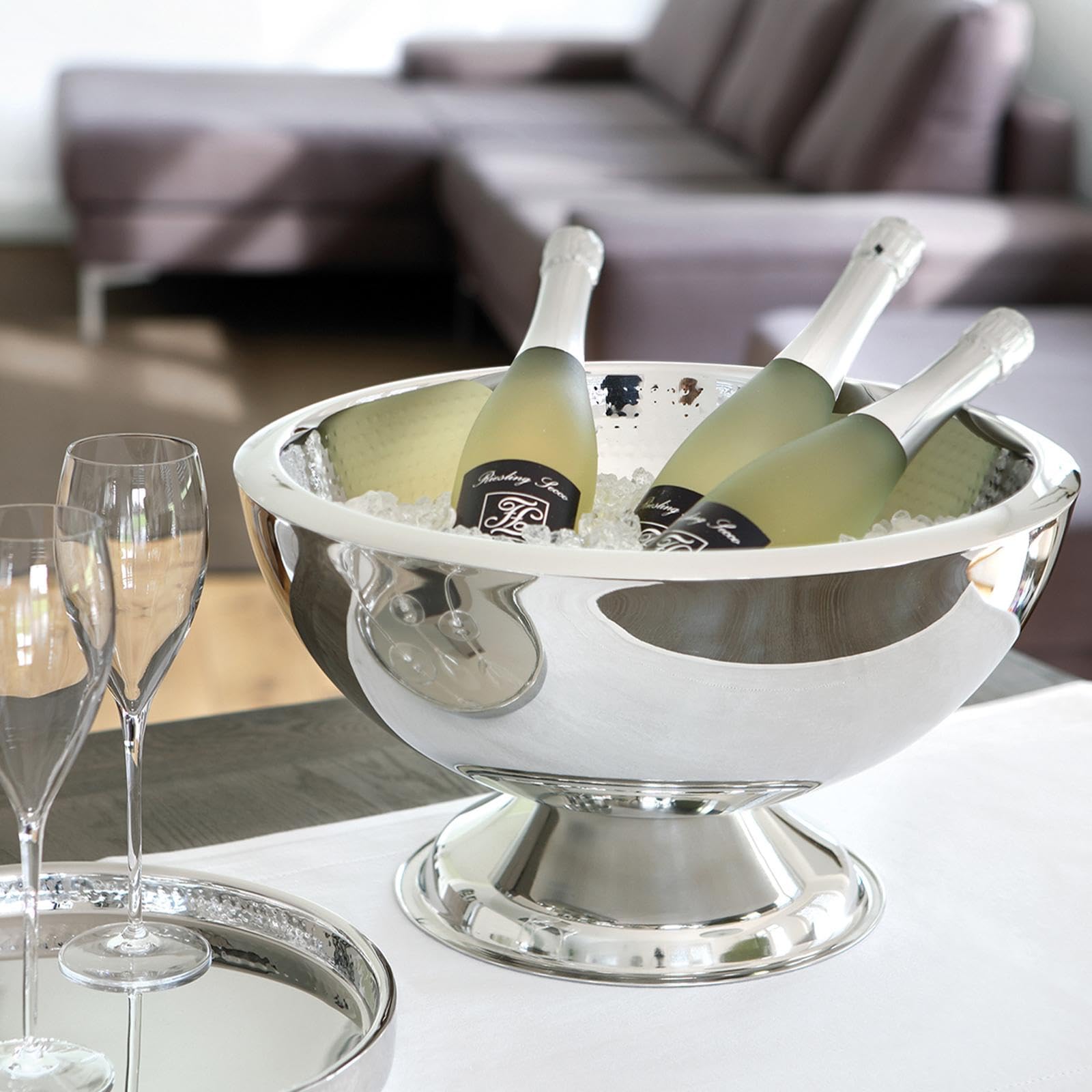 FINK Sektkühler Edelstahl doppelwandig Punchbowl Champagnerkühler groß Ø 43 cm Höhe 25 cm – Sektkühler Schale groß für Champagner Sekt Prosecco Wein – Tischdekoration Hochzeit Hochzeitsdeko