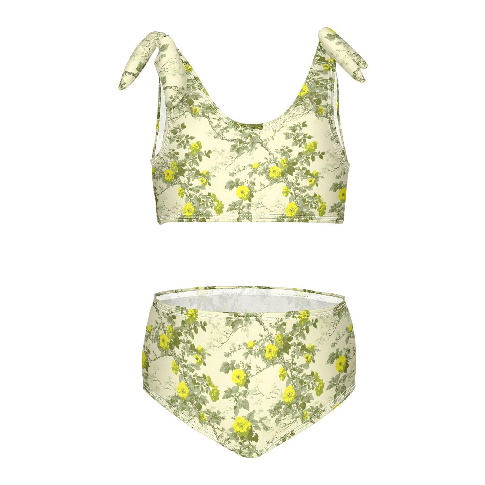 Flowers with Leaf Girls Two Piece Tankini Swimsuits Summer Bathing Suit Beach Swimwear Set, 11-12T