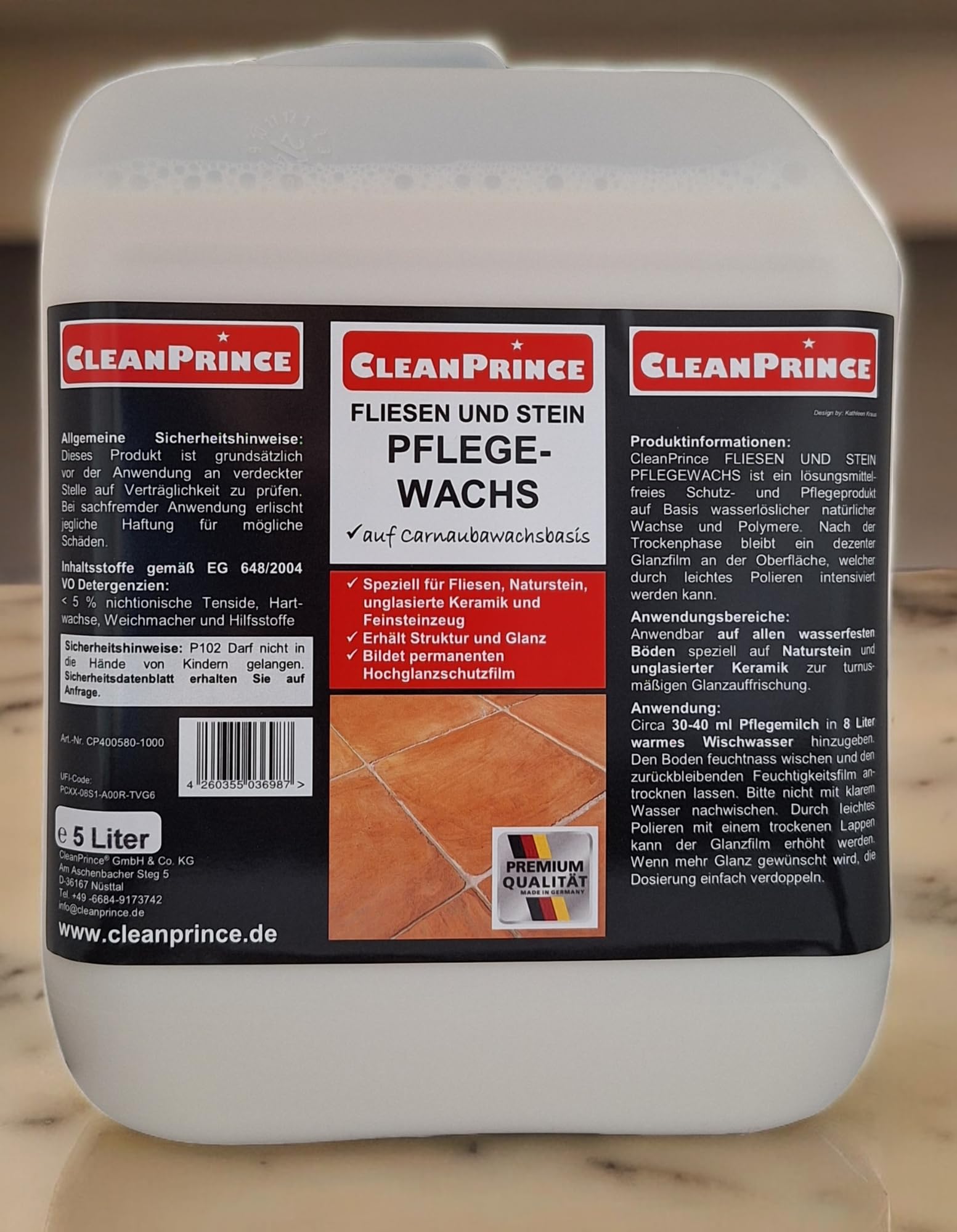 Cleanprince 5 Litros Baldosas y Piedra Cuidado de Cera Cera de Carnauba Piedra Natural Unglasierte Cerámica Limpieza Glanzauffrischung Medio de Cuidado Limpiador Brillo Hochglanzschutzfilm Pflegemilch