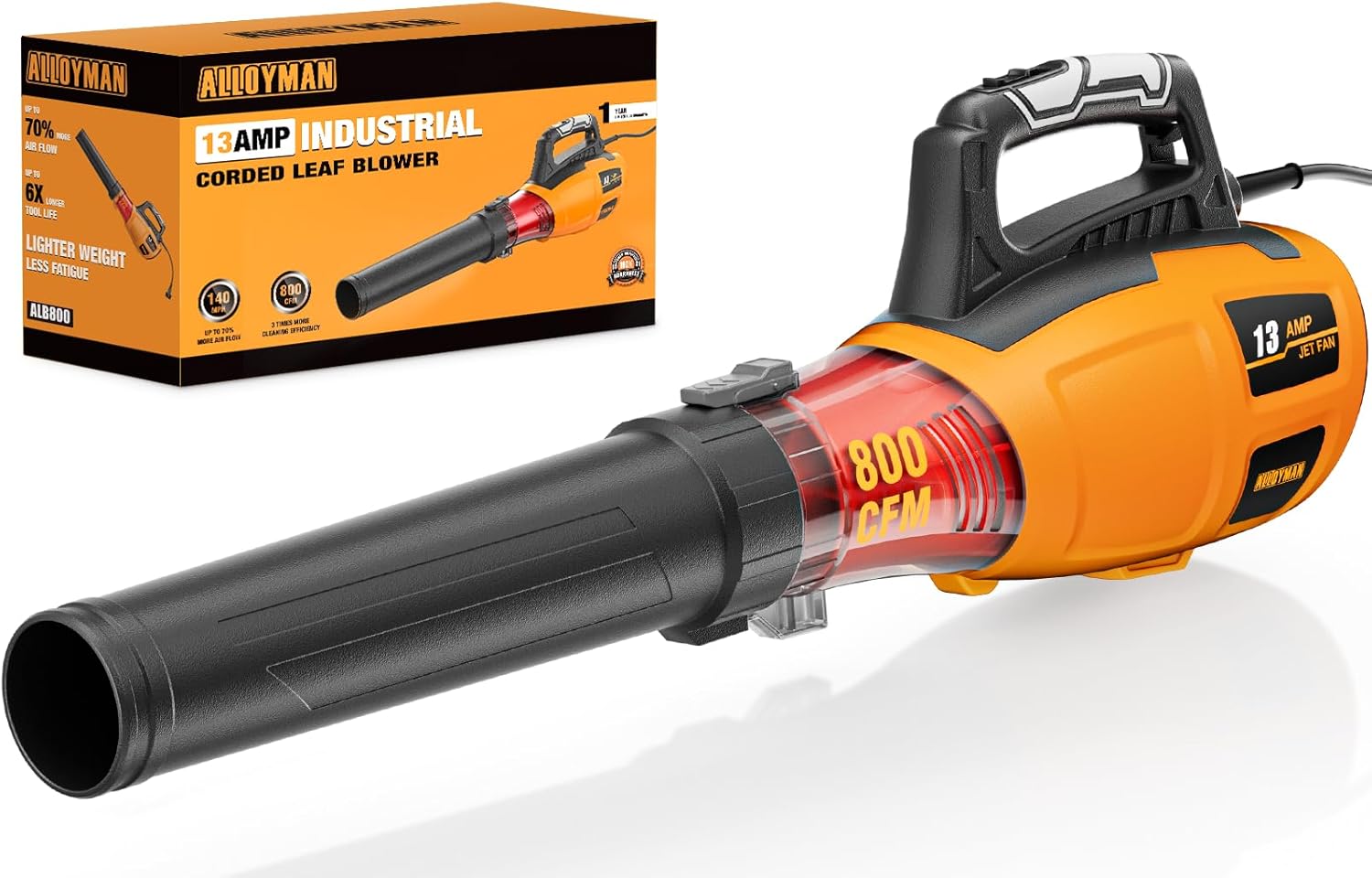 ALLOYMAN 13AMP Corded Electric Leaf Blower, 800CFM 140MPH Powerful Plug-in Blower, Lightweight & Portable Electric Leaf Blower for Lawn Care, Patio Cleaning, Yard Dust & Fallen Leaves 800CFM Corded leaf blower