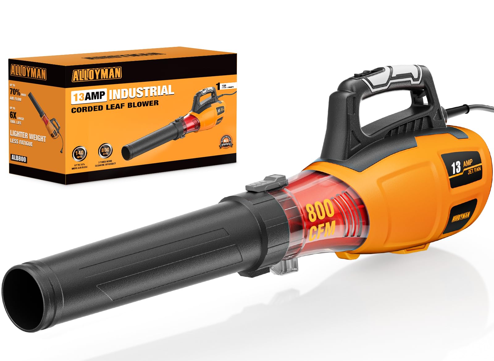 alloyman 13amp corded electric leaf blower, 800cfm 140mph powerful plug-in blower, lightweight & portable electric leaf blower for lawn care, patio cleaning, yard dust & fallen leaves
