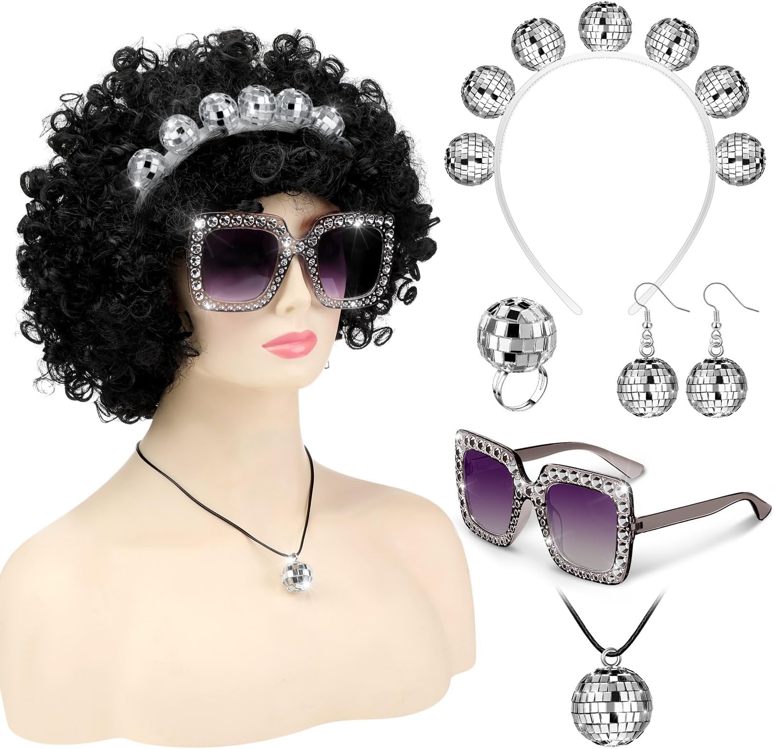 Yinder 6 Pcs 70s Women Disco Costumes Set Lady Accessories Afro Wig Disco Ball Headband Silver Bling Earrings Necklace Ring and Sunglasses for 60s 70s Outfit Accessories, Silver and Black, one size