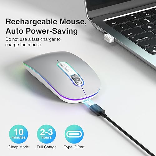 Miniatura 3 de Mouse inalámbrico LED, mouse Bluetooth recargable delgado, mouse inalámbrico silencioso portátil con Bluetooth 5.1 + receptor USB, mouse de oficina