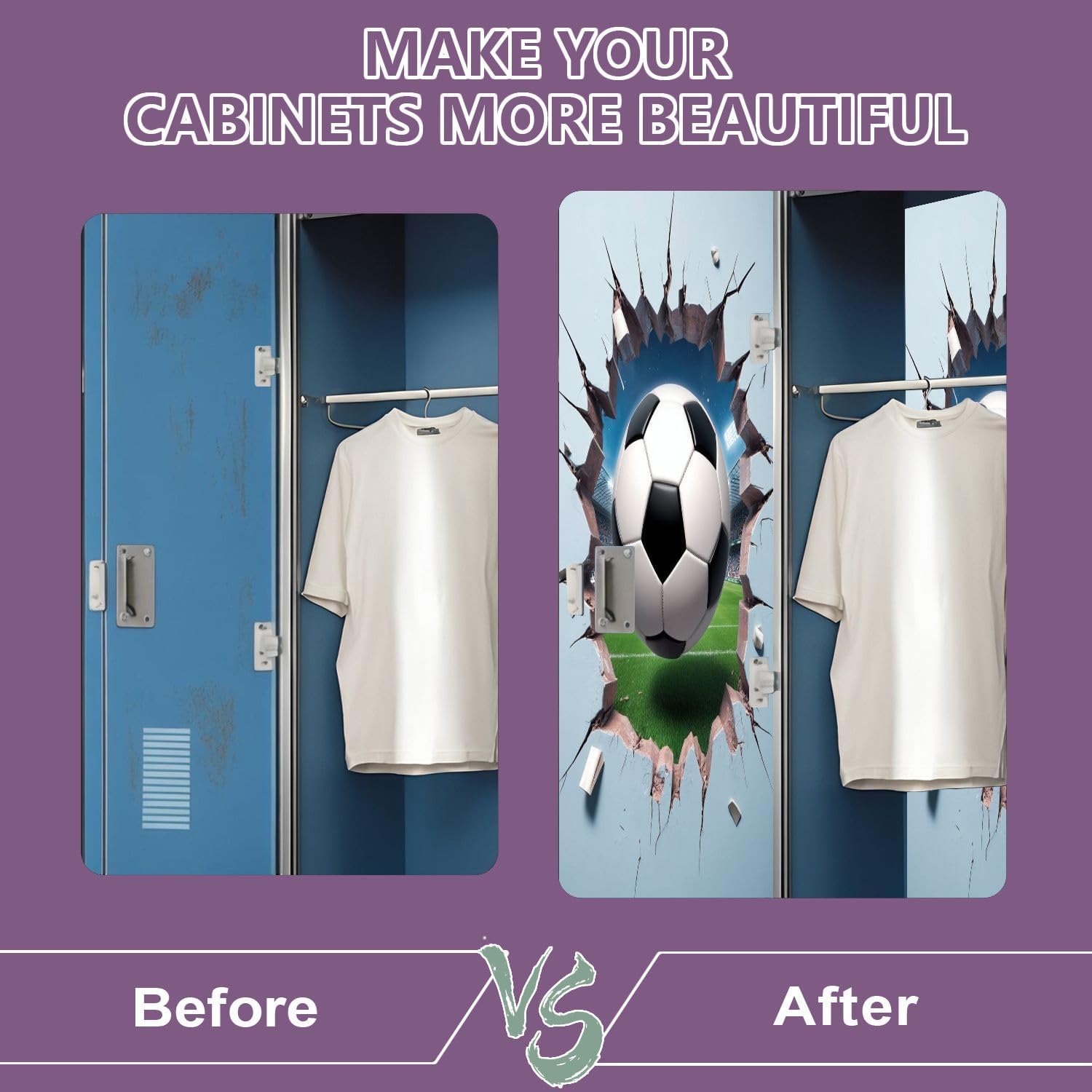 2 Pcs Locker Magnetic Wallpaper 3D Football Wall Stickers Decals Boys Room Soccer Art Decal 12" x 36" Wall Magnetic Sticker Removable Locker Accessories Decor Easy Install for Office School