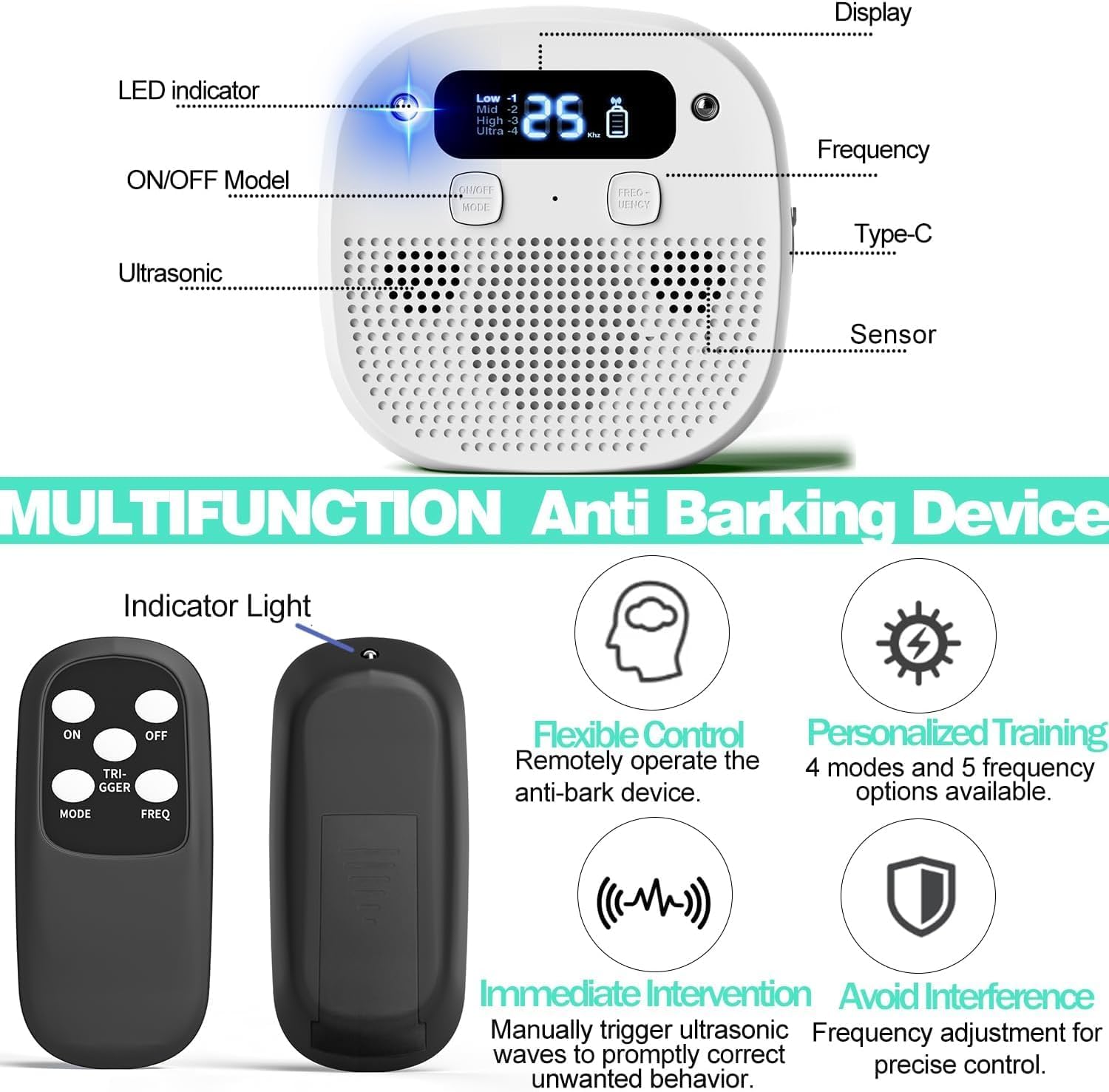 Dog Barking Control Devices, Anti Barking Device for Dogs with Remote Control, Ultrasonic & Sensor Technology, Rechargeable, Waterproof, Adjustable Modes & Frequencies, Bark Box Indoor Outdoor(White)