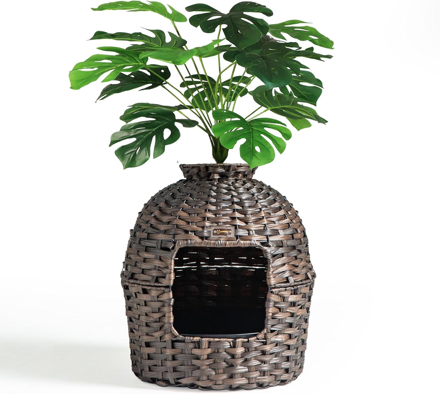 Hidden Litter Box Furniture with Artificial Plants, Handwoven Rattan Cat House with Enclosed Cat Planter Litter Box (Brown)