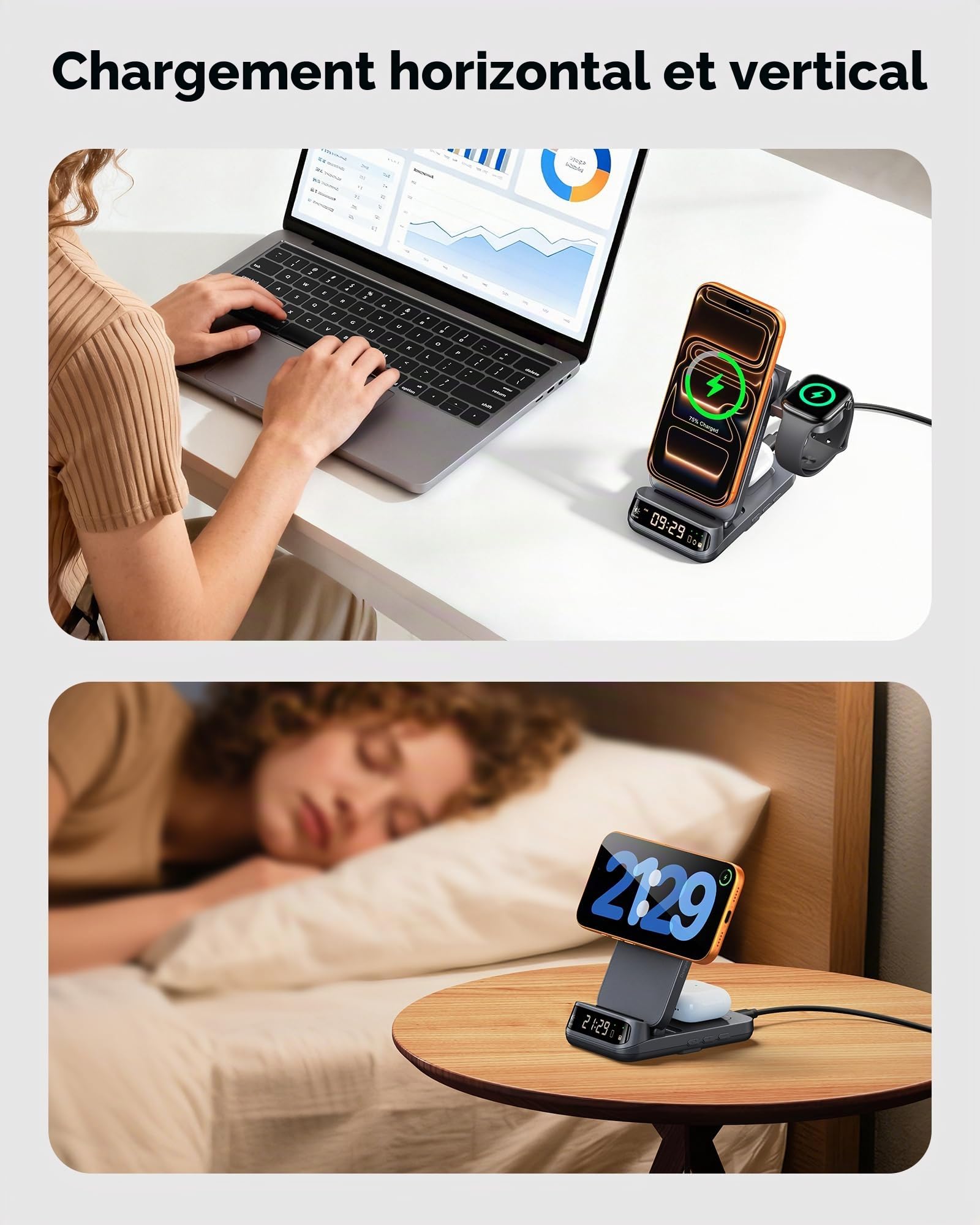 Support de chargeur sans fil 3 en 1 25 W compatible avec MagSafe, station de charge magnétique de voyage pliable avec horloge pour iPhone 17/16/15, Apple Watch, Air Pods, SwanScout 708M-25W