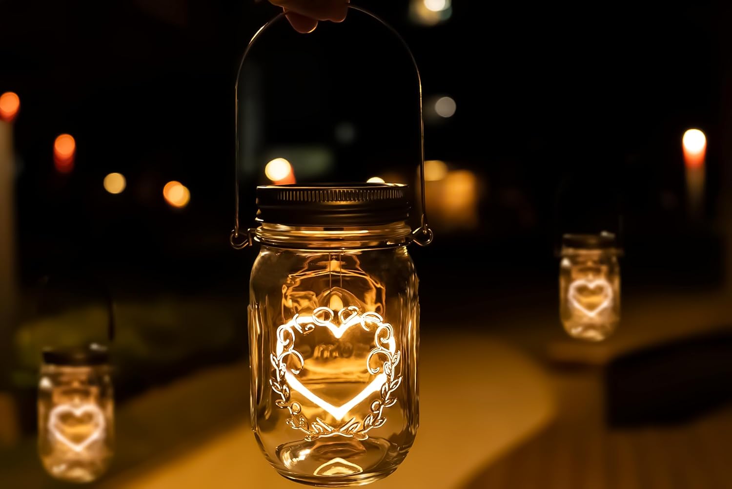 Halloween Christmas Projector Lights, Hanging Solar Mason Jar Lights, 4 Pack Heart Shape Lights, Solar Lanterns Outdoor Waterproof, Hangers and Jars Included,Home Patio Party Garden Patio Decor