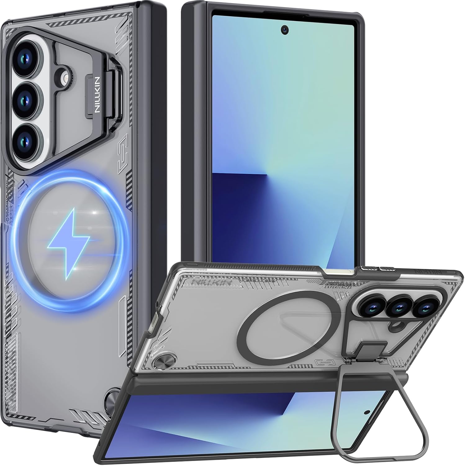 Nillkin for Samsung Galaxy Z Fold 7 Case, Compatible with MagSafe, [Hinge Protection] [Adjustable Camera Kickstand] Slim Magnetic Anti-Yellow Phone Case Cover for Galaxy Z Fold 7 - Clear Black