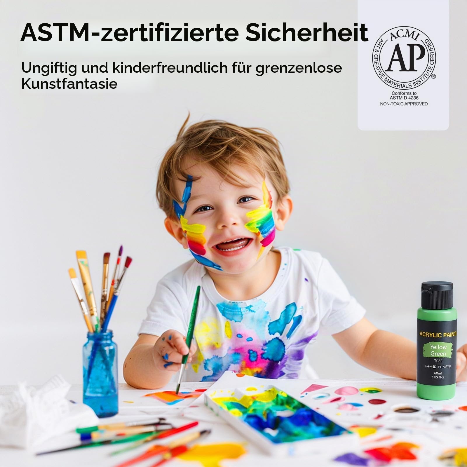 Acrylfarben Set, 24 Farben x 60 ml + 12 Pinsel, Acrylic Paint Set, Künstlerbedarf für Leinwand, Holz, Keramik, Stoffe, ungiftige Reiche Pigmente Acrylfarbe für Anfänger, Studenten, Profis, Künstler